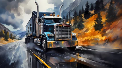 Foto op Aluminium Illustration d'un gros truck américain dans un beau paysage © Michel
