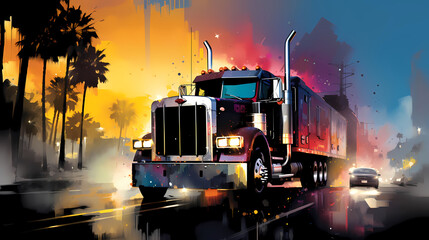 Illustration d'un gros truck am&eacute;ricain dans un beau paysage