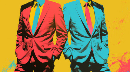 Two men in vibrant suits, no faces shown. - obrazy, fototapety, plakaty