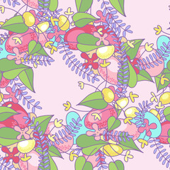 Fototapeta na wymiar Seamless Easter pattern - eggs, flowers and leaves on a pink background. Half-brick repeat, seasonal printing