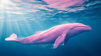 Pink whale swims in the blue ocean underwater.