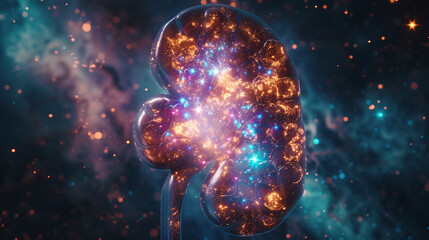 A 3D render of a kidney transformed into a beautiful galaxy full of stars and cosmic dust