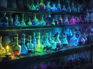 A backdrop background of a dark lab filled with countless potions equipped with digital displays