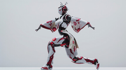 A futuristic dance of a robot formed in the likeness of a graceful geisha in a 3D render