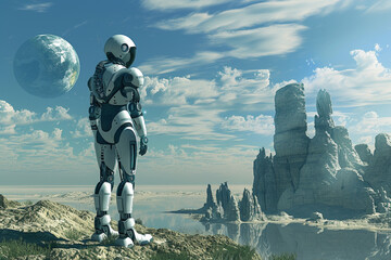 A futuristic human with cybernetic features stationed in an alien landscape realistically portrayed in a distinct 3D render illustration serving as an innovative backdrop