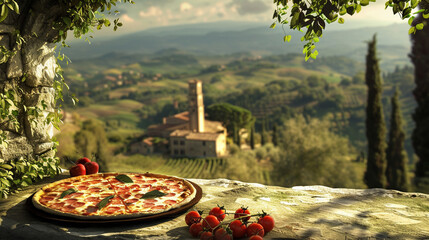 A scenic Tuscan countryside background with a rustic Italian pizza ideal for a unique 3D render - obrazy, fototapety, plakaty