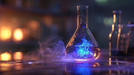A unique concept of a potion infused with nanotechnologies inside a glass beaker - obrazy, fototapety, plakaty