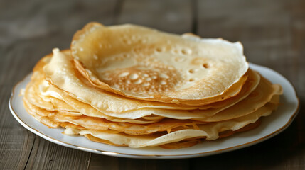 Stack of thin, delicate crepes on a plate.