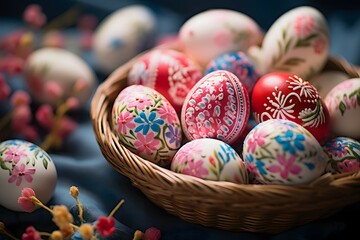 Fototapeta premium A arrangement of hand-painted eggs with intricate designs and patterns nestled within a bowl against a dark, moody background