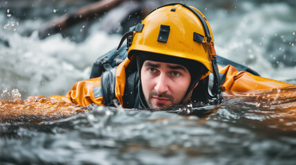 Man in yellow helmet submerged in turbulent water.