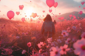 Pink Heart Balloons: A Love-Filled Sunset Generative AI