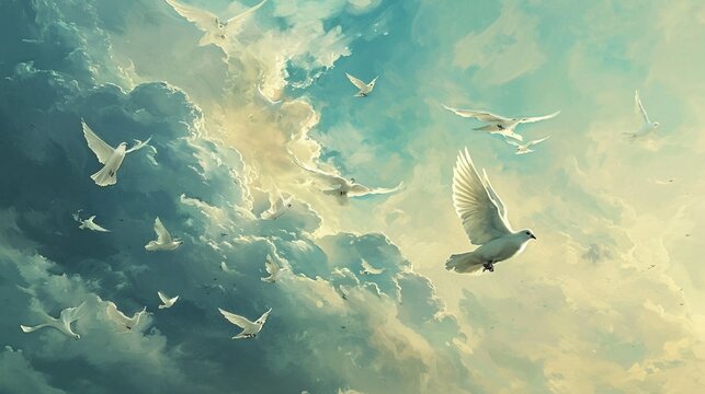 Combine a serene meditation session with the graceful flight of a flock of doves, evoking a sense of inner peace and freedom