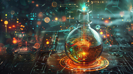 An illustration of a magic potion intertwined with intricate technological circuitry
