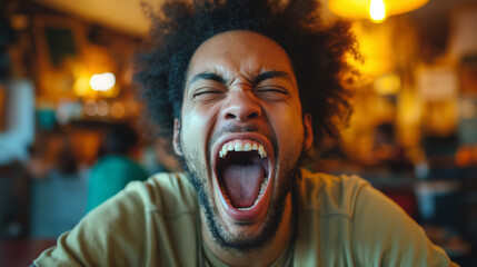 Energetic man yelling with a humorous expression.