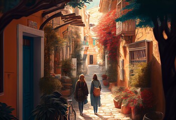 AI generated illustration of travelers exploring charming side streets. Generative AI