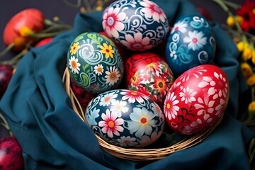 Fototapeta na wymiar A arrangement of hand-painted eggs with intricate designs and patterns nestled within a bowl against a dark, moody background