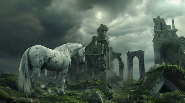 Depict a spectral white horse in gothic style Adopt a realistic 3D render the horse should be placed against the unique backdrop of a moss covered ancient temple under a stormy sky