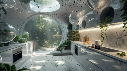 From ceiling to floor a kitchen encased in dreamlike bubbles where appliances elegantly morph into strange flora and fauna - obrazy, fototapety, plakaty