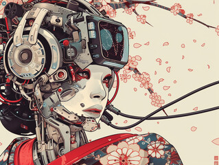 Intricately detailed illustration of a robot with geisha inspired attire