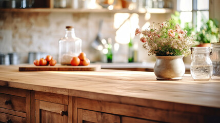 Fototapeta na wymiar Kitchen Counter With Bowl for Country-style Home Decor. Interior of a modern kitchen made of solid wood.