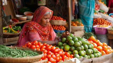 Woman selling fresh produce at market.