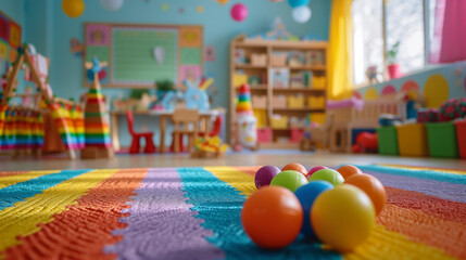 Daycare or preschool play room for young kids with balls on colorful rug and neat decorations in the back.