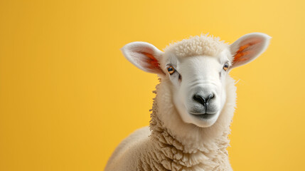 Funny face white sheep isolated on pastel yellow background.