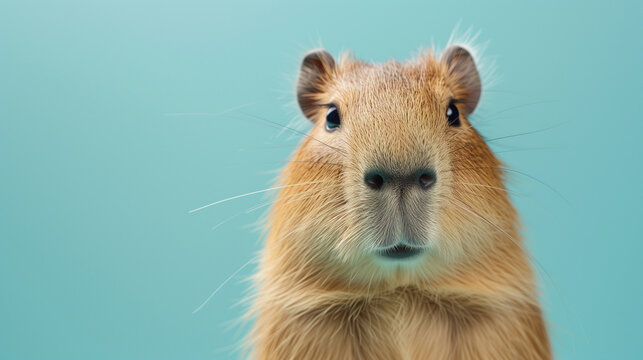 Funny face Capybara isolated on pastel blue background (Hydrochoerus Hydrochaeris).