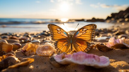 Fototapeta na wymiar Exquisite macro photography of a beautiful butterfly resting on a sandy beach with sunlight