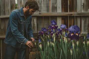 male in denim with irises at a rustic wooden fence © altitudevisual