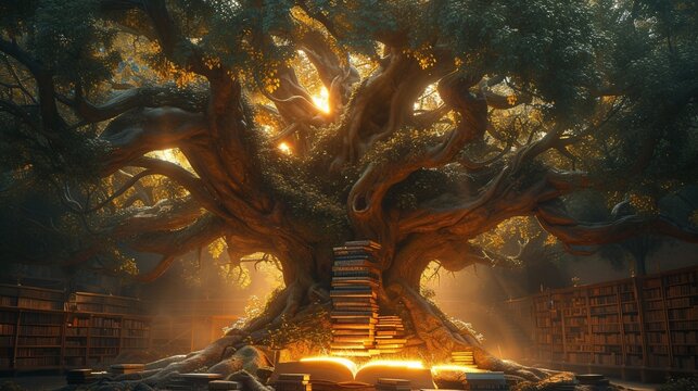 A Tree of Knowledge: A Book-Themed Tree with Books and a Bookshelf Generative AI