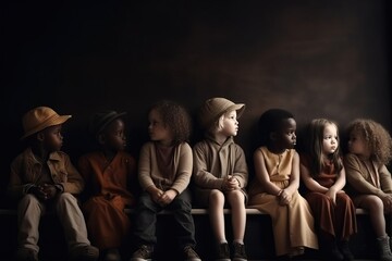 A group of teenage children of different races and genders sit in a row, black background isolate.