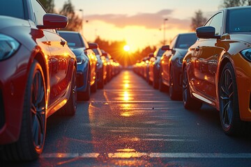 Sunset Serenade: A Parking Lot of Cars and Trucks Generative AI - obrazy, fototapety, plakaty