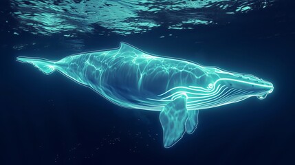 Fototapeta premium Neon whale swimming in the ocean underwater.