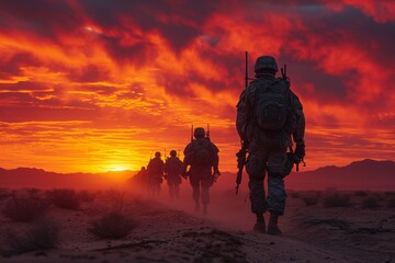 Sunset Soldiers: A Dramatic Portrait of Military Men in Desert Camouflage Generative AI - obrazy, fototapety, plakaty