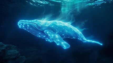 Neon whale swimming in the ocean underwater. - obrazy, fototapety, plakaty