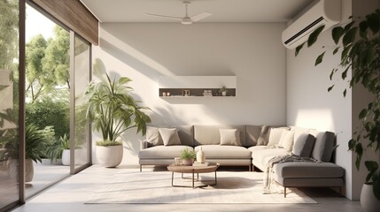 Modern living room interior with air conditioner for a cool and comfortable summer ambiance - obrazy, fototapety, plakaty