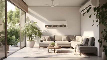 Poster Modern living room interior with air conditioner for a cool and comfortable summer ambiance © Aliaksandra