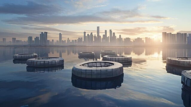 Circular floating islands on the sea with an urban skyline in the background, captured on a sunny day, with buildings in the distance and a serene sea and blue sky in the foreground.
