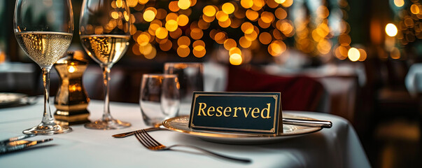 Elegant reserved sign placed on a white linen tablecloth at a fine dining restaurant, with wine glasses and bokeh lights in the background, creating a sophisticated and exclusive atmosphere - obrazy, fototapety, plakaty