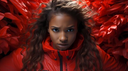 A top view of a model with a fierce expression against a solid red background, capturing strength and determination
