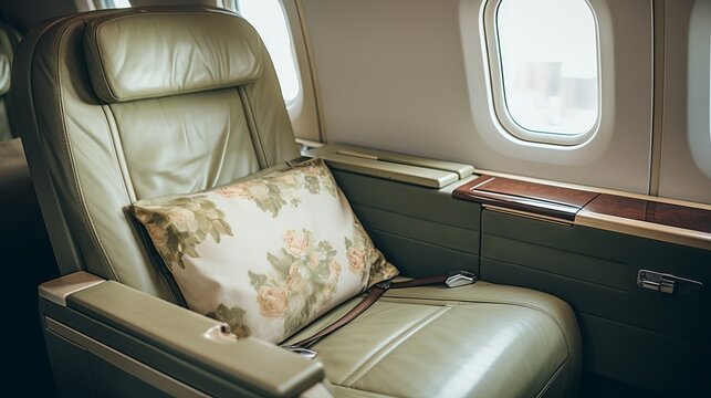 Empty business class passenger seats in the interior of a commercial aircraft cabin