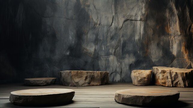 Minimalist dark stone podium on wall stage for product display with sleek design