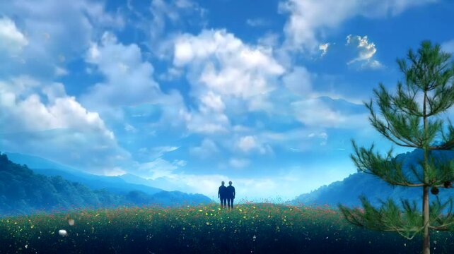 Silhouette of a couple in flowers field on blue sky background. Seamless looping time-lapse 4k video animation background