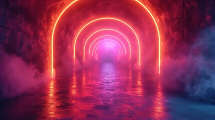 3d render, abstract panoramic red blue pink neon background with arrows showing right direction,...