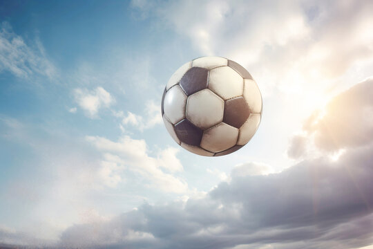 Soccer ball flies in the air from a kick, traces of trajectory, Dark background isolate.