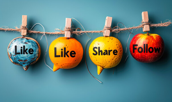 Engagement concept with Like, Share, Follow speech bubbles pinned on a string against a soft blue background, representing social media interaction and online community engagement