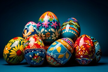 Fototapeta na wymiar A captivating collection of hand-painted Easter eggs with intricate designs and vibrant colors against a dark background