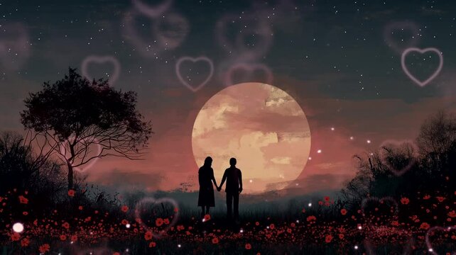 Silhouette of a couple in flowers field at sunset with shooting stars and fireflies. Seamless looping time-lapse 4k video animation background