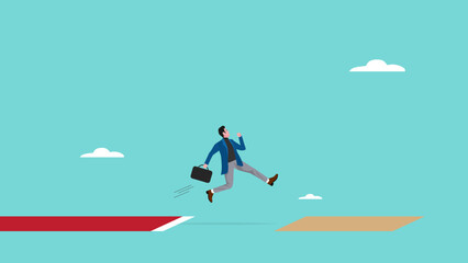 effort to achieve business target or goal, ambition to win the business competition, strive to do better to achieve career success, businessman long jump to winning new record vector illustration